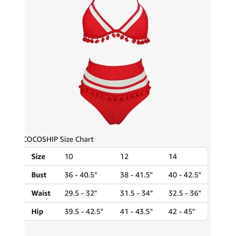 Cocoship Red White Pom Pom Mesh High Waisted Bikini Set Retro Swimsuit Womens 12